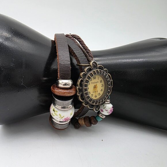 Vintage Tiedan Quartz Leather Wrap Bracelet Watch Floral Beads Boho Design - Picture 2 of 9